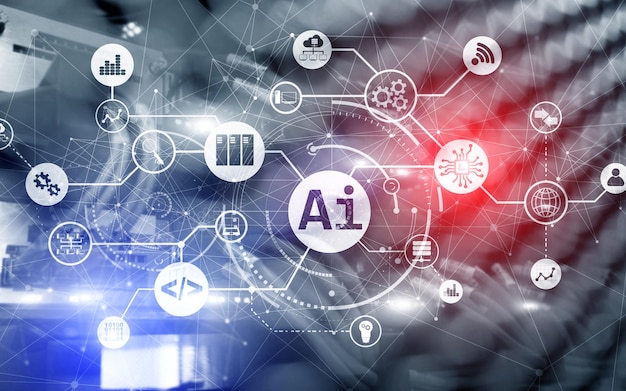 Ilustración infográfica de IA de inteligencia artificial en un fantástico centro informático