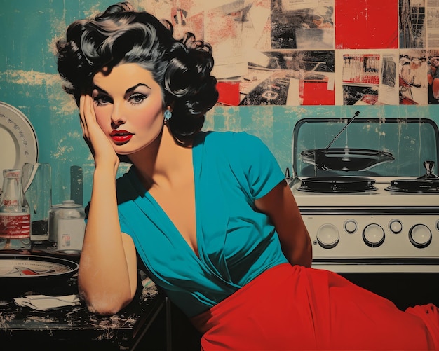 Foto ilustración de inspiración retro de una mujer de los años 60 en colores vibrantes.