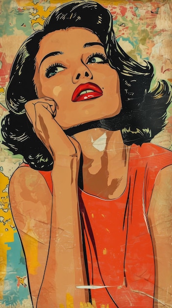 Ilustración de inspiración retro de una mujer de los años 60 en colores vibrantes.