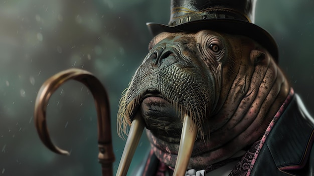 Foto una ilustración inspirada en el steampunk de una morsa con un sombrero y un monóculo la morsa sostiene un bastón y tiene una expresión seria en su cara