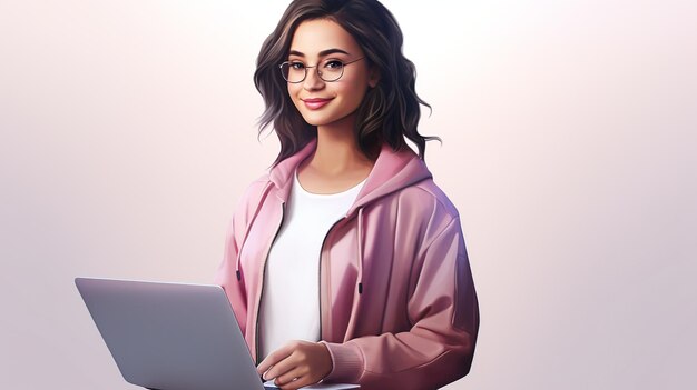 Ilustración Inspiradora Emprendedora trabajando en una computadora portátil con chaqueta rosa y camiseta blanca