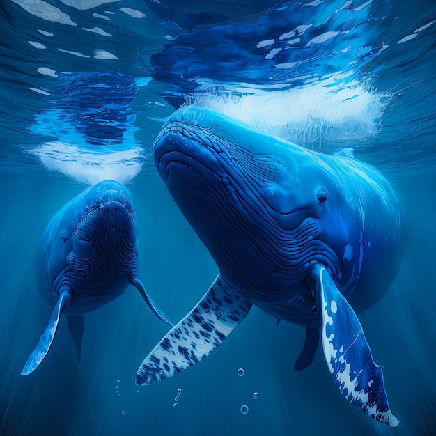 Foto ilustración de inteligencia artificial de varias ballenas jugando en el agua