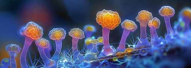 Foto una ilustración de la interacción simbiótica entre hongos y plantas utilizando un microscopio de fluorescencia muestra hifas fúngicas que se desarrollan en una raíz de planta