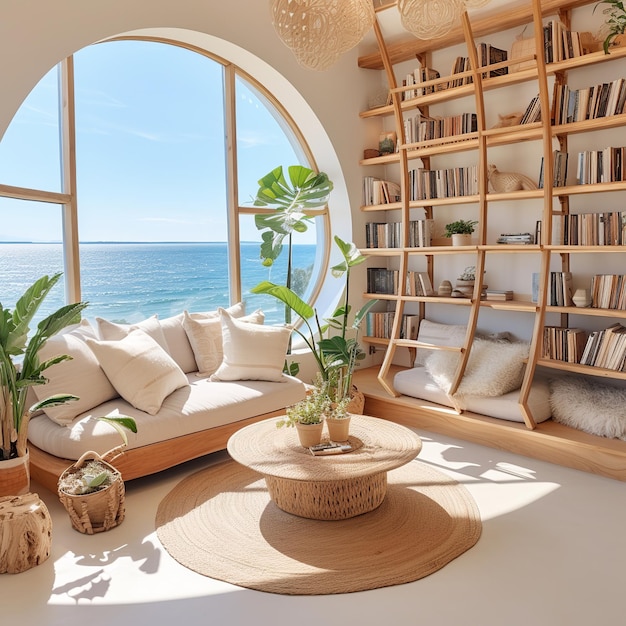 Ilustración del interior de una acogedora casa de playa bohemia shabby chic