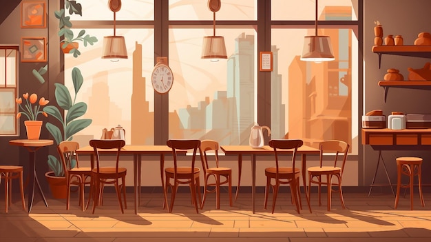 Una ilustración del interior de una cafetería con mesas y sillas generadas por IA