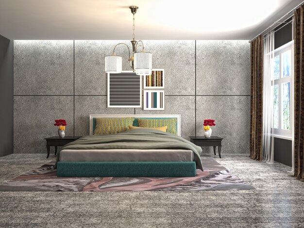 Ilustración del interior del dormitorio. Render 3D