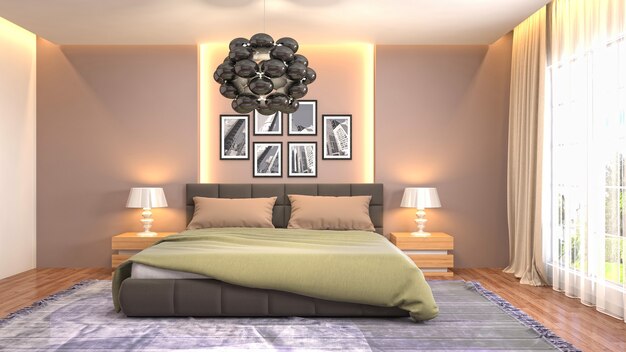 Ilustración del interior del dormitorio. Render 3D