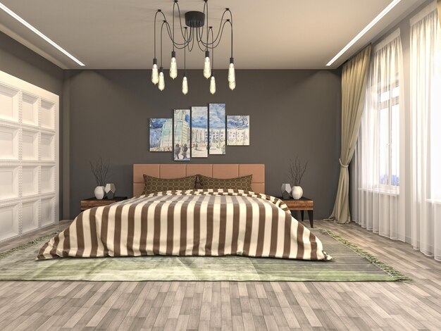 Ilustración del interior del dormitorio. Render 3D