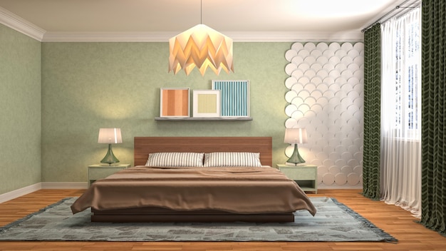 Ilustración del interior del dormitorio. Render 3D