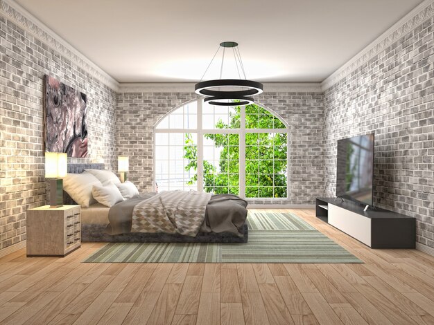 Foto ilustración del interior del dormitorio. render 3d