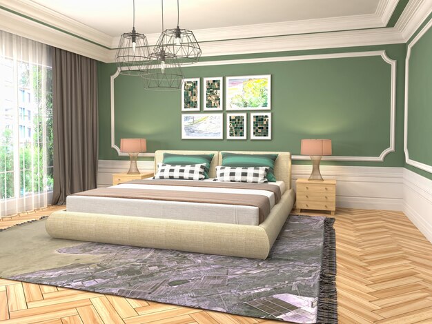 Ilustración del interior del dormitorio. Render 3D