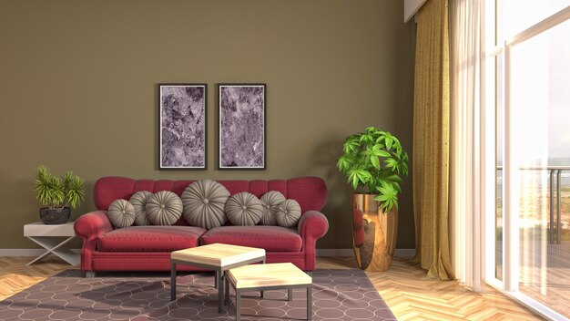 Ilustración del interior de la sala de estar. Render 3D
