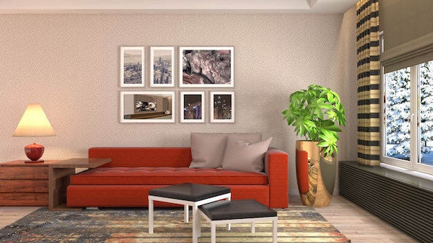 Ilustración del interior de la sala de estar. Render 3D