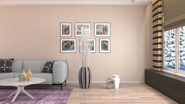 Ilustración del interior de la sala de estar. Render 3D