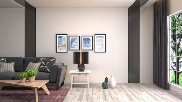 Ilustración del interior de la sala de estar. Render 3D