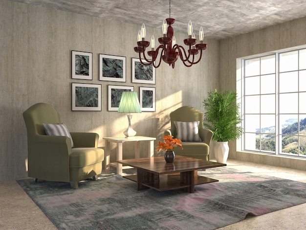 Ilustración del interior de la sala de estar. Render 3D