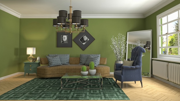 Ilustración del interior de la sala de estar. Render 3D