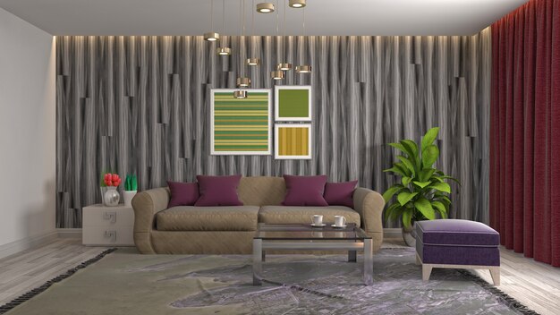 Ilustración del interior de la sala de estar. Render 3D