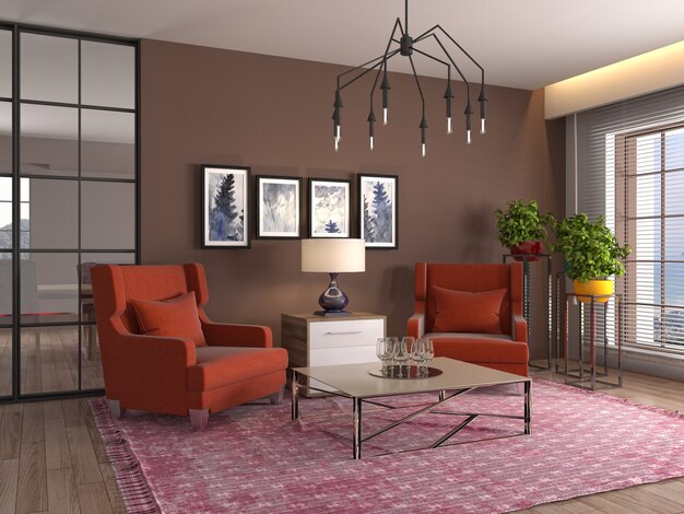 Ilustración del interior de la sala de estar. Render 3D