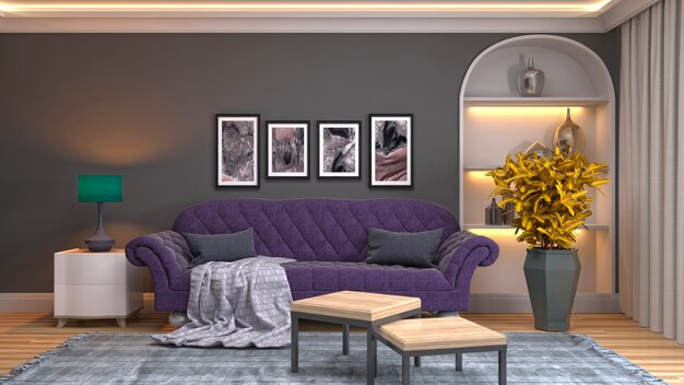 Ilustración del interior de la sala de estar. Render 3D