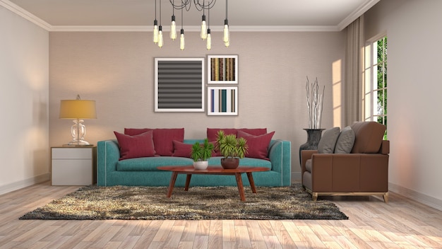 Ilustración del interior de la sala de estar. Render 3d