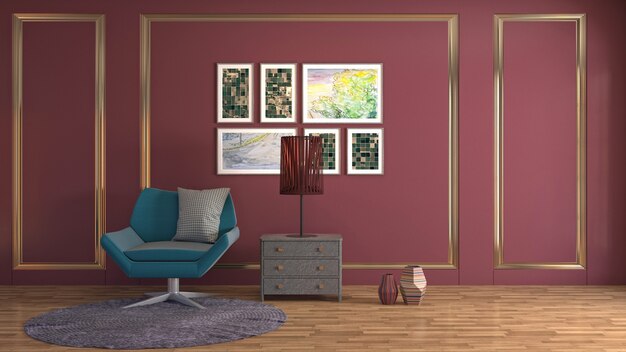 Ilustración del interior de la sala de estar. Render 3d