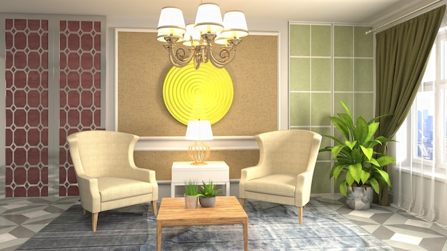 Ilustración del interior de la sala de estar. Representación 3d
