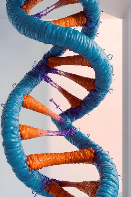 Ilustración intrincada en 3D de la estructura génica del ADN de doble hélice con nucleótidos y bases nitrogenadas