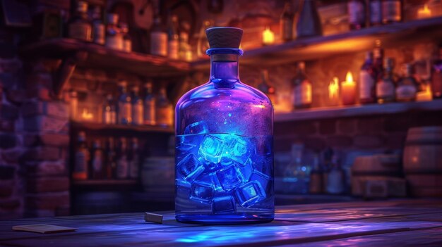 Ilustración inventiva y obra de arte Botella de poción mágica azul un estilo de dibujos animados realista papel tapiz historia fondo y diseño de tarjetas