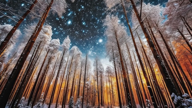 Ilustración invernal de bosque de invierno y cielo estrellado atmosférico creada utilizando herramientas generativas de IA