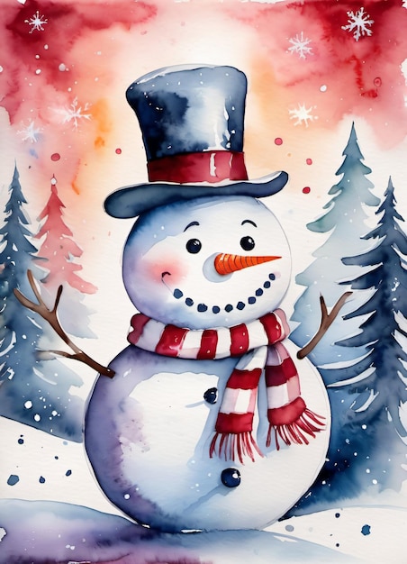 Ilustración de invierno de Navidad acuarela con fondo de tarjeta de saludos Happy Snowman