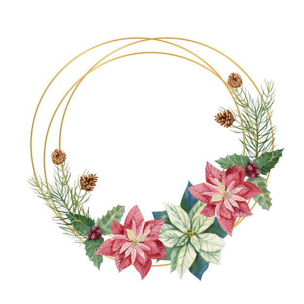 Ilustración de invierno de Navidad. Marco redondo con flores de nochebuena acuarela, ramitas de abeto, conos, frutos rojos y azules