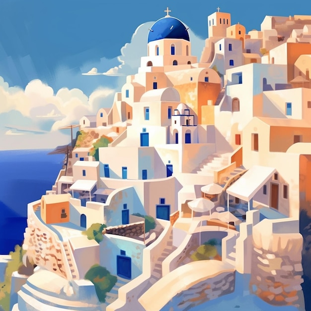 Ilustración de la isla de Santorini, Grecia, la isla de las Cícladas