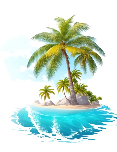 Ilustración de una isla tropical con palmeras sobre un fondo blanco.