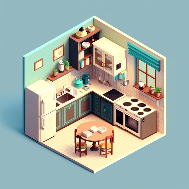 Una ilustración isométrica en 3d de una cocina con una mesa con una estufa y una maceta en