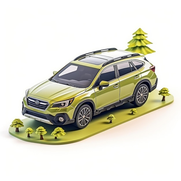 Ilustración isométrica 3D detallada de Green Subaru Outback en un fondo blanco