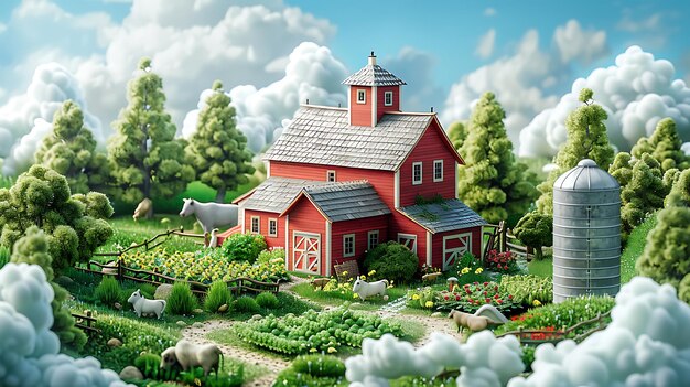 Ilustración isométrica 3D de una granja con un silo de granero rojo y un jardín de verduras rodeado de árboles y animales