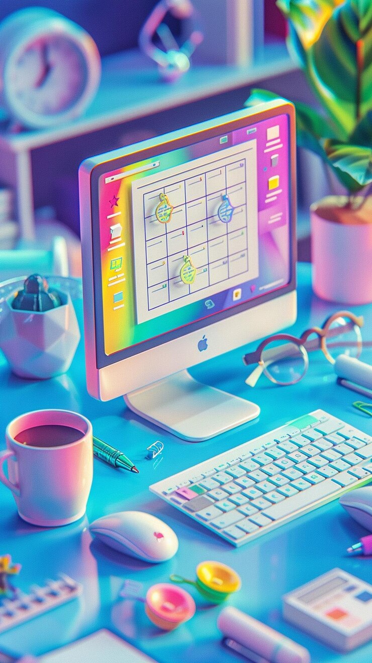 Foto ilustración isométrica del calendario en la pantalla de la computadora con accesorios de oficina