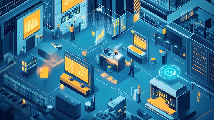 Foto ilustración isométrica de un centro de datos futurista con servidores y conexiones de red