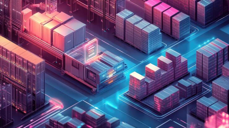 Foto una ilustración isométrica de una ciudad futurista con bastidores de servidores brillantes y un camión digital brillante que transporta datos