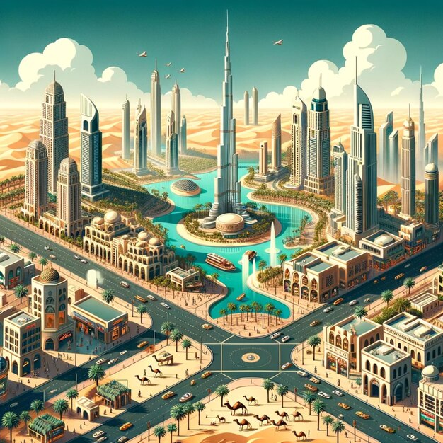 Ilustración isométrica de una ciudad con vibraciones del Medio Oriente