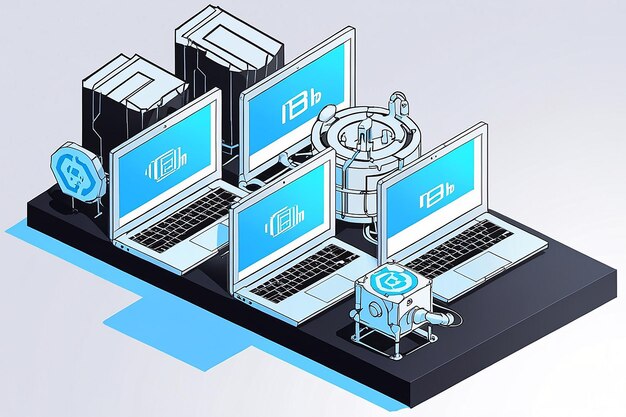 Ilustración isométrica Conceptos de tecnología de minería de criptografía Laptops conectados con un servidor Blockchain
