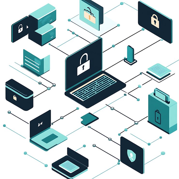 Foto ilustración isométrica de dispositivos conectados con cerraduras de seguridad