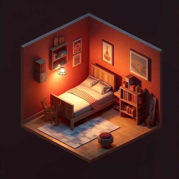 Ilustración isométrica de dormitorio pequeño AI GenerativexA