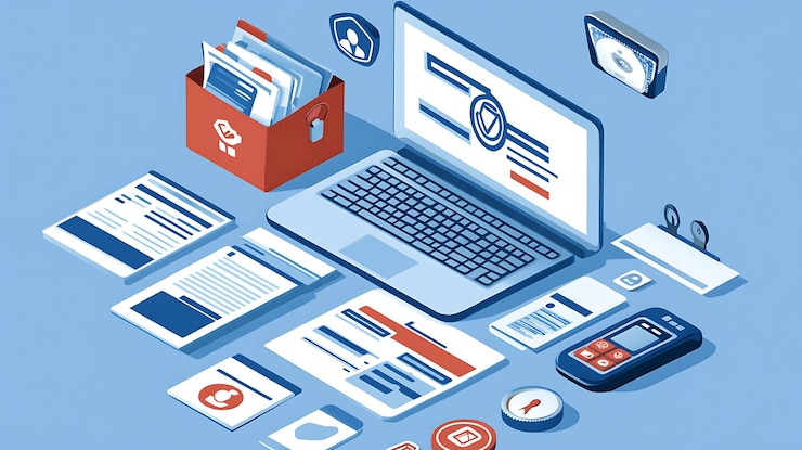 Foto ilustración isométrica de elementos de seguridad digital como archivos, llave de seguridad de portátil y más