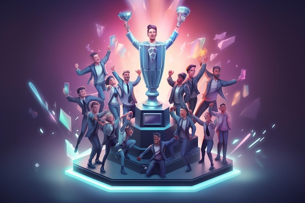 Foto ilustración isométrica de un equipo ganador celebrando la victoria con un diseño elegante