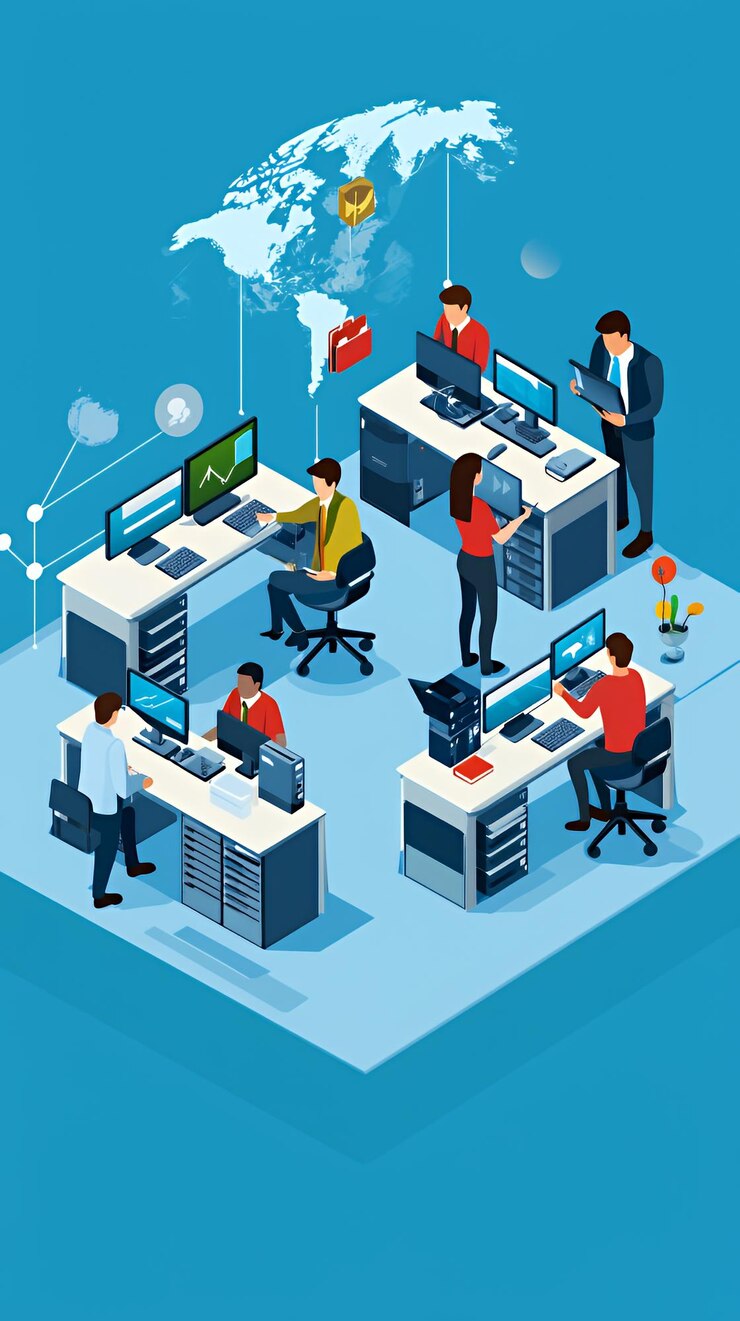 Foto ilustración isométrica de un equipo trabajando en una oficina con computadoras, una impresora y un mapa del mundo