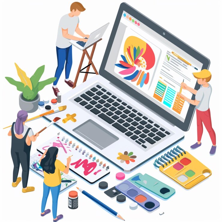 Ilustración isométrica de una estación de trabajo y una computadora en estilo vectorial