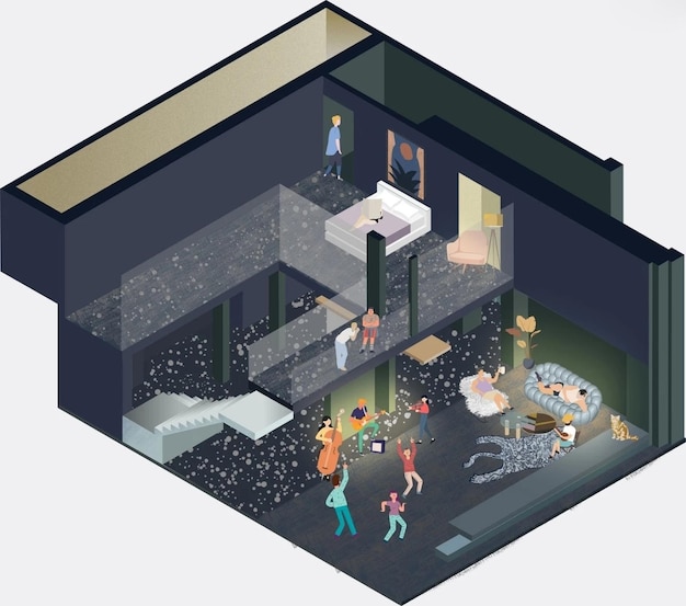Ilustración isométrica de la fiesta de la casa