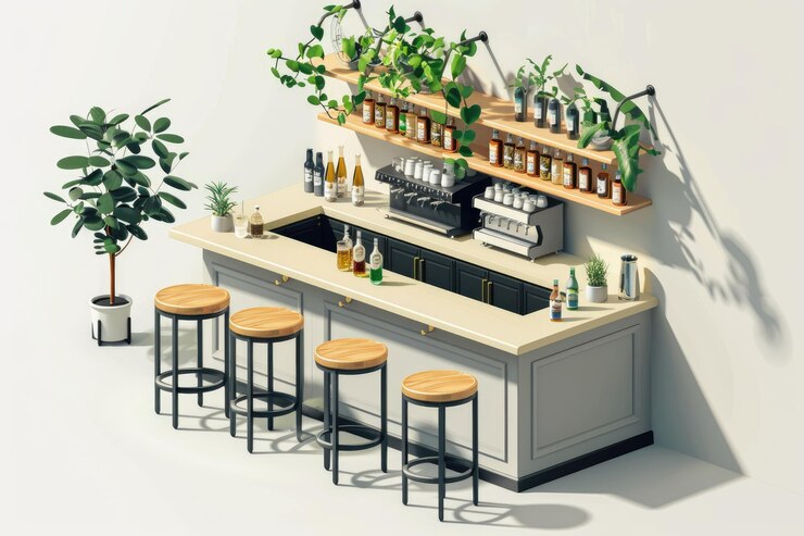 Foto ilustración isométrica de un mostrador de bar con taburetes, bebidas y una planta
